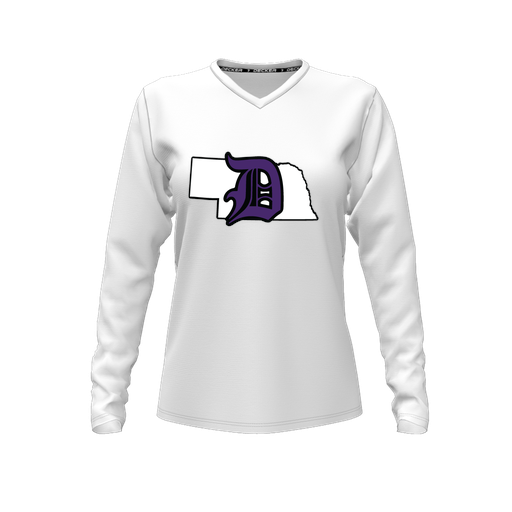[CUS-DFW-TEES-CMF-VNK-LSL-WHT-FYXS-LOGO1] Decker Comfort T-Shirt (Female Youth XS, White, V Neck, Logo 1, Long Sleeve)