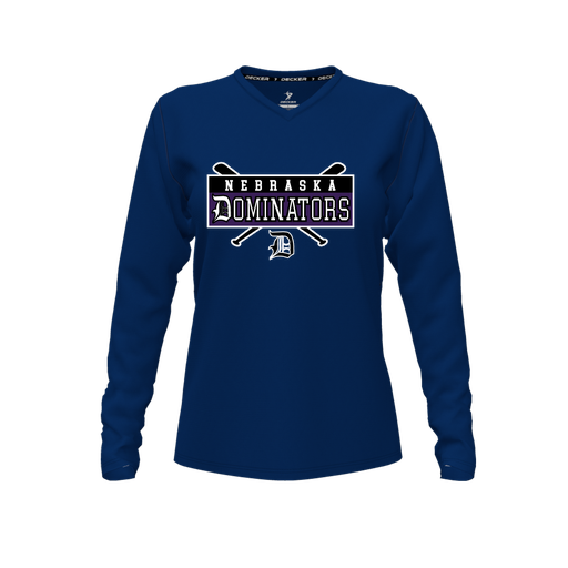 [CUS-DFW-TEES-CMF-VNK-LSL-NVY-FYXS-LOGO2] Comfort T-Shirt (Female Youth XS, Navy, V Neck, Logo 2, Long Sleeve)