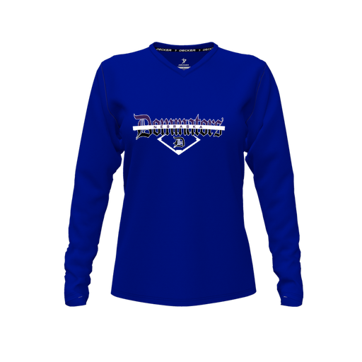 [CUS-DFW-TEES-CMF-VNK-LSL-RYL-FYXS-LOGO3] Decker Comfort T-Shirt (Female Youth XS, Royal, V Neck, Logo 3, Long Sleeve)