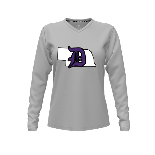 [CUS-DFW-TEES-CMF-VNK-LSL-GRY-FYXS-LOGO1] Decker Comfort T-Shirt (Female Youth XS, Gray, V Neck, Logo 1, Long Sleeve)