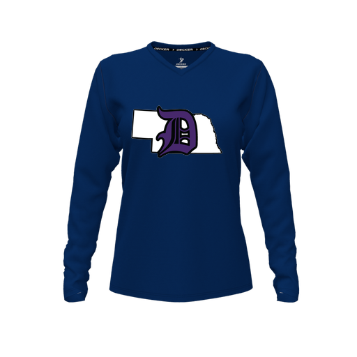 [CUS-DFW-TEES-PER-VNK-LSL-NVY-FYXS-LOGO1] Decker Performance T-Shirt (Female Youth XS, Navy, V Neck, Logo 1, Long Sleeve)