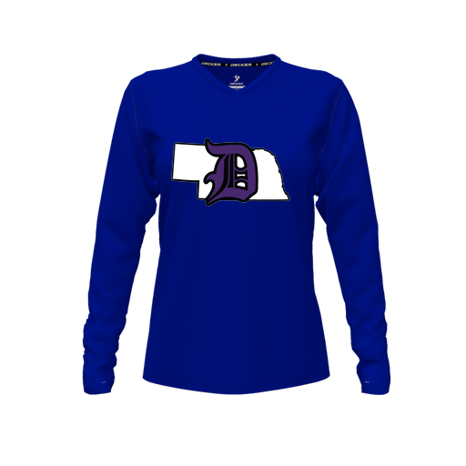 [CUS-DFW-TEES-PER-VNK-LSL-RYL-FYXS-LOGO1] Performance T-Shirt (Female Youth XS, Royal, V Neck, Logo 1, Long Sleeve)