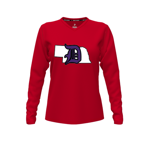 [CUS-DFW-TEES-PER-VNK-LSL-RED-FYXS-LOGO1] Decker Performance T-Shirt (Female Youth XS, Red, V Neck, Logo 1, Long Sleeve)