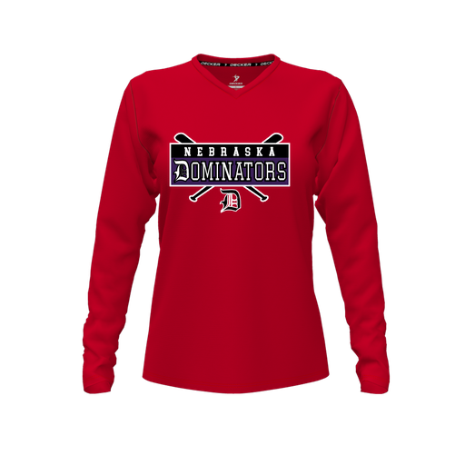 [CUS-DFW-TEES-PER-VNK-LSL-RED-FYXS-LOGO2] Performance T-Shirt (Female Youth XS, Red, V Neck, Logo 2, Long Sleeve)