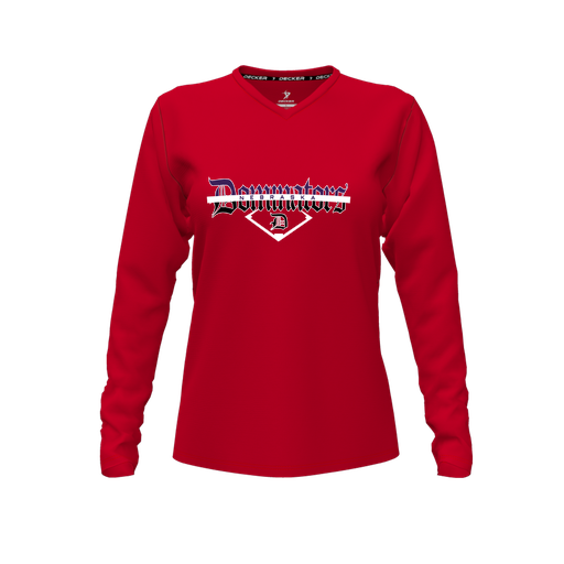 [CUS-DFW-TEES-PER-VNK-LSL-RED-FYXS-LOGO3] Decker Performance T-Shirt (Female Youth XS, Red, V Neck, Logo 3, Long Sleeve)